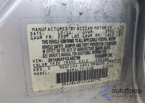 2012 Nissan Sentra 2.0 z USA, uszkodzony, nr VIN 3N1AB6AP1CL682796